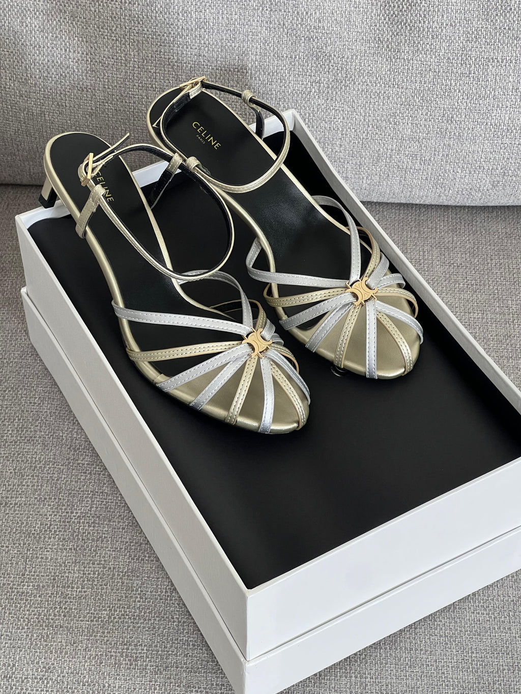Celine Triumph Silver Gold Metallic Mid-Heel Sandal