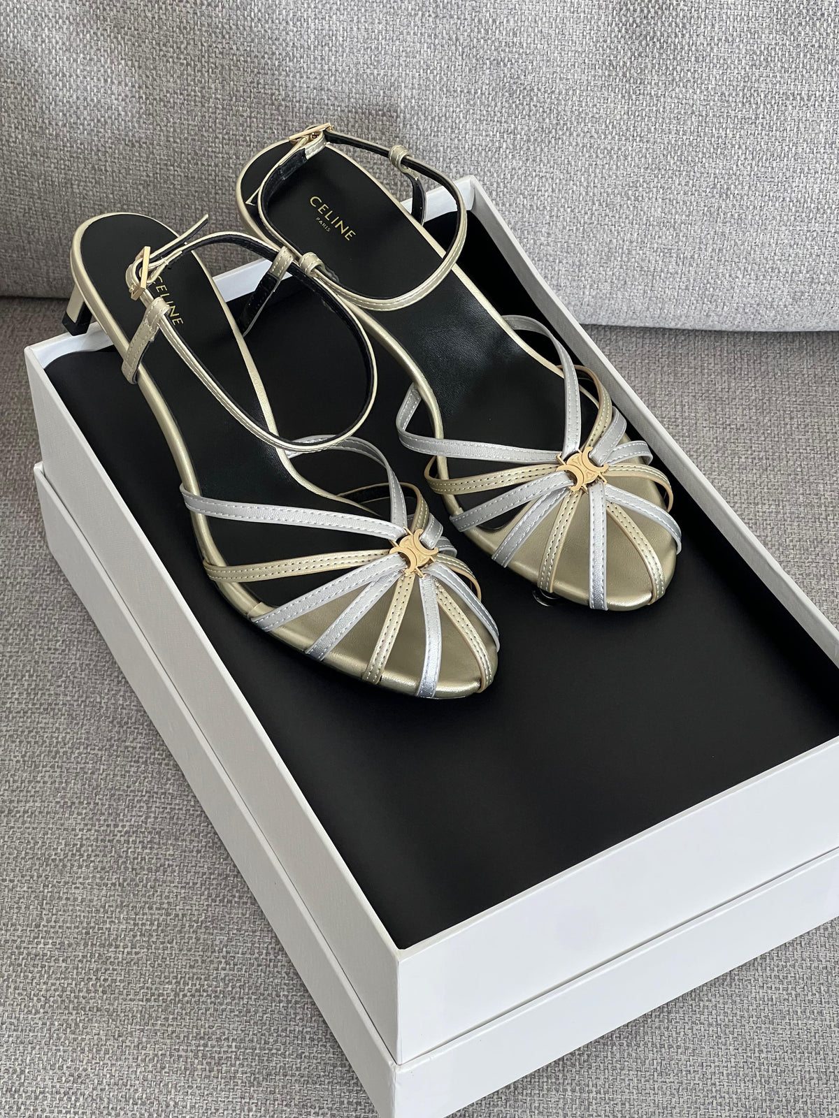 Celine Triumph Silver Gold Metallic Mid-Heel Sandal