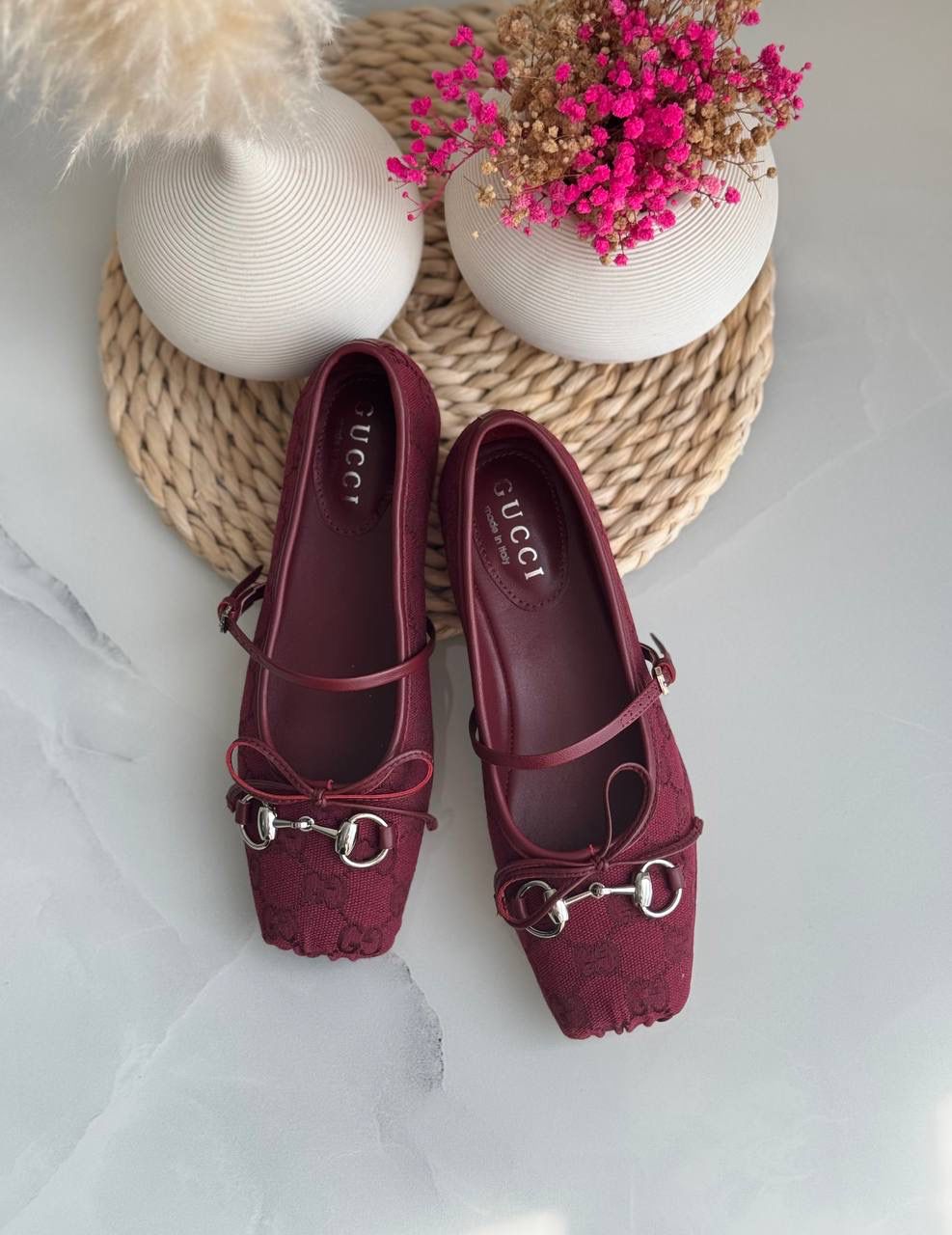 Buy Gucci Burgundy Horsebit Ballerina Flats - 12