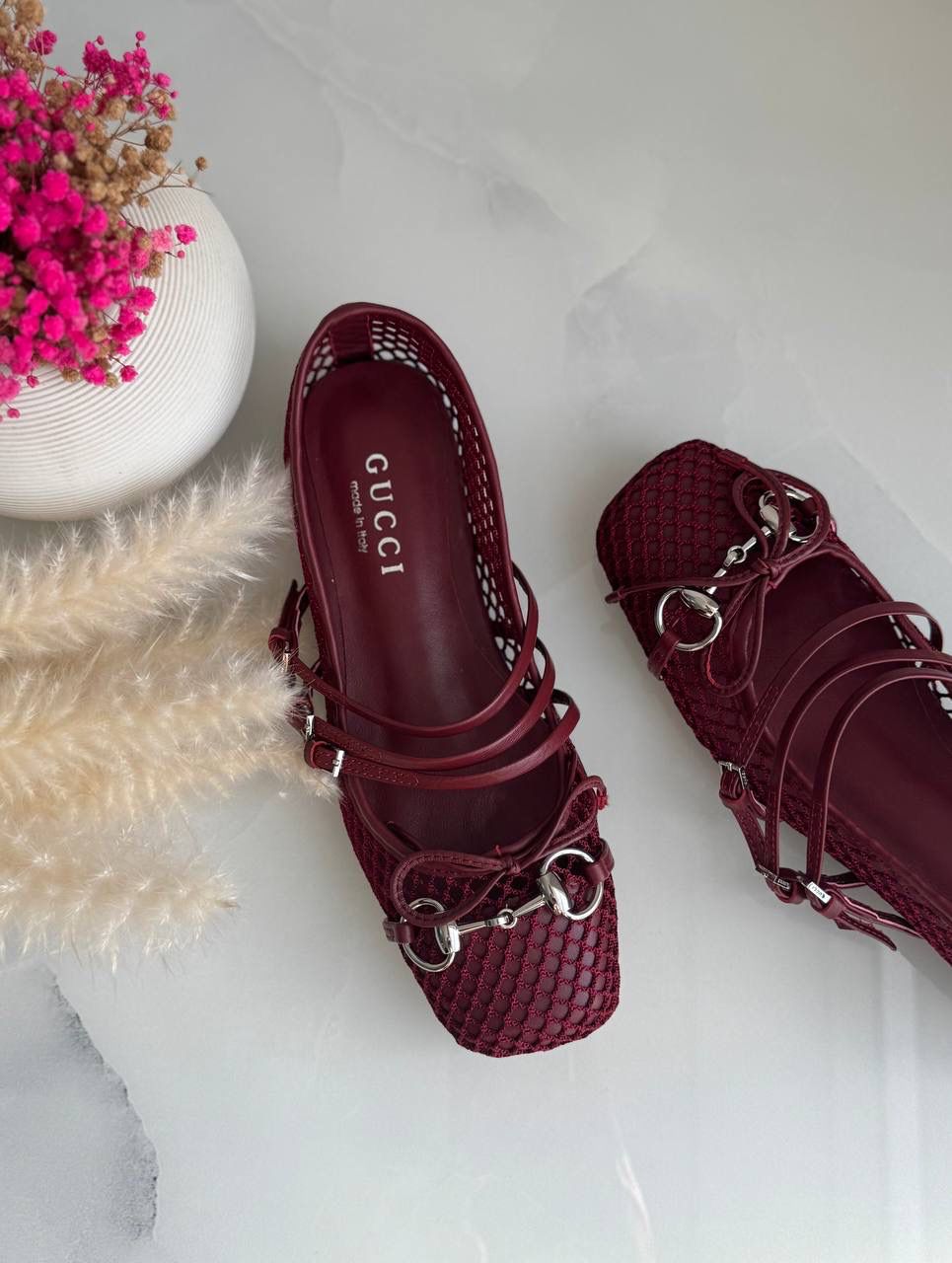 Buy Gucci Burgundy Horsebit Ballerina Flats - 5