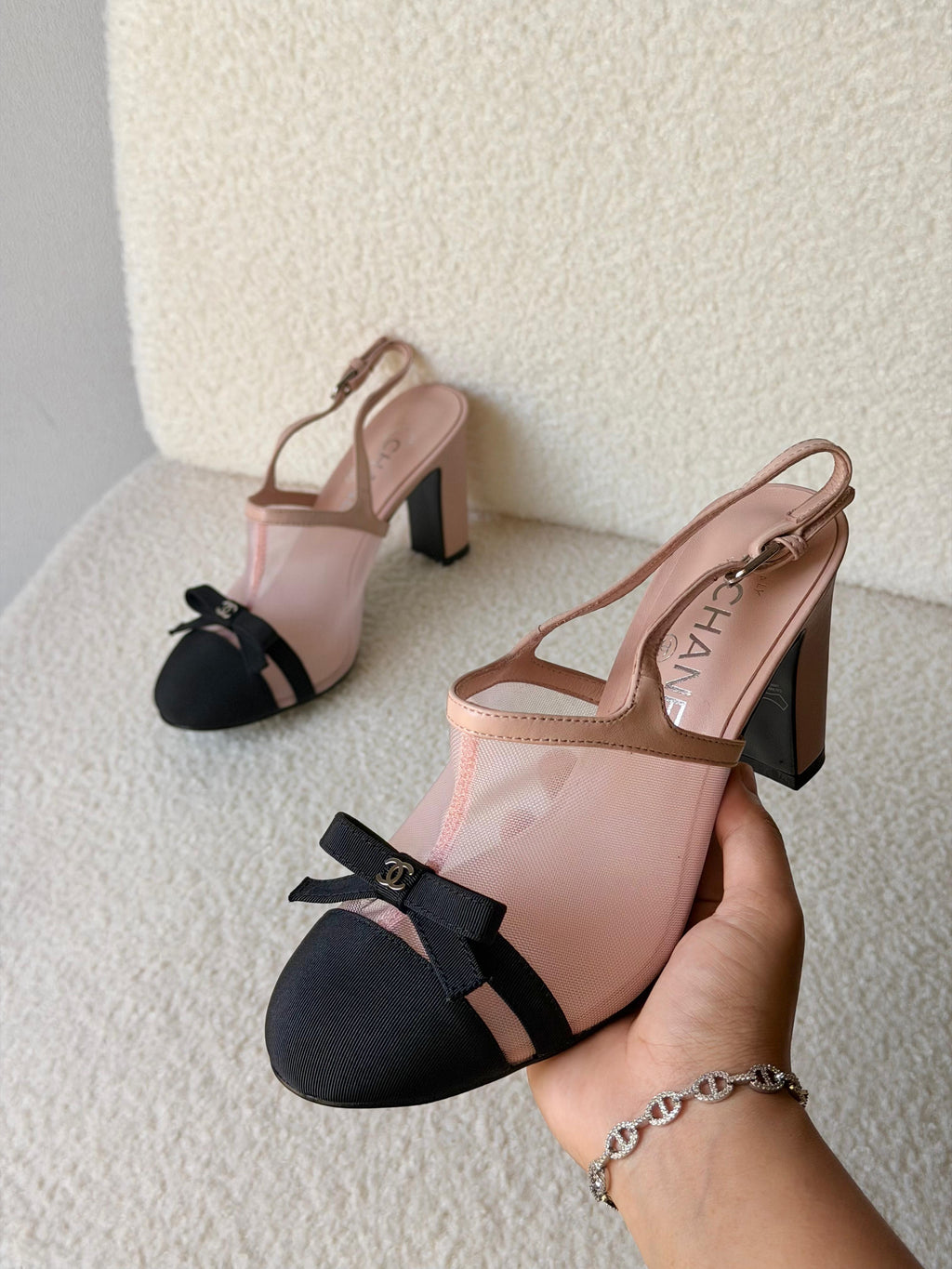 Chanel Heeled Slingbacks in Mesh and Grosgrain - 9