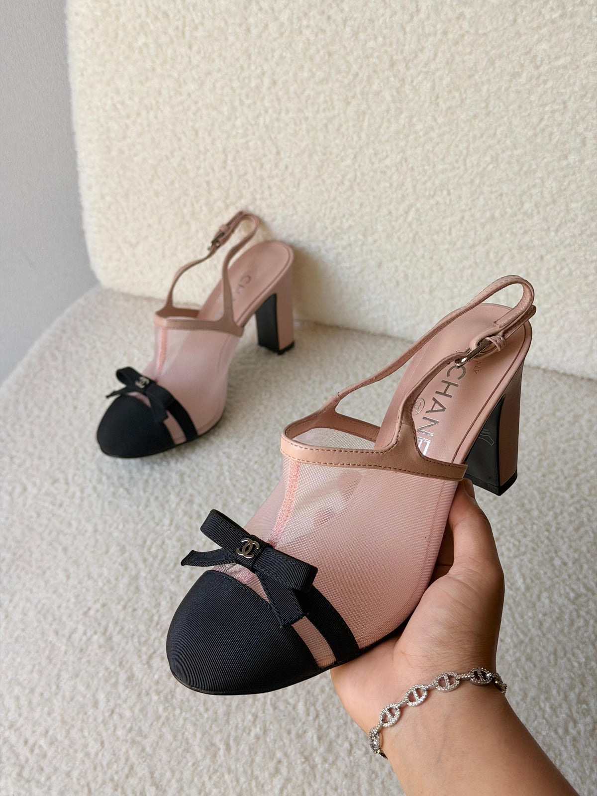 Chanel Heeled Slingbacks in Mesh and Grosgrain - 9