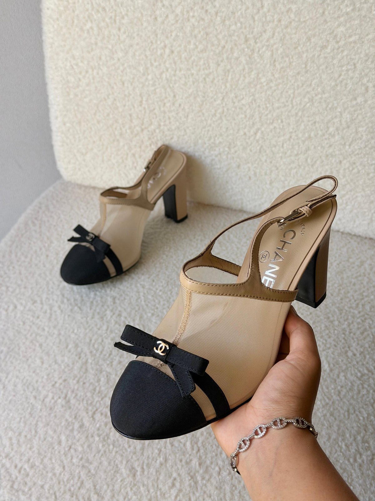 Chanel Heeled Slingbacks in Mesh and Grosgrain - 5