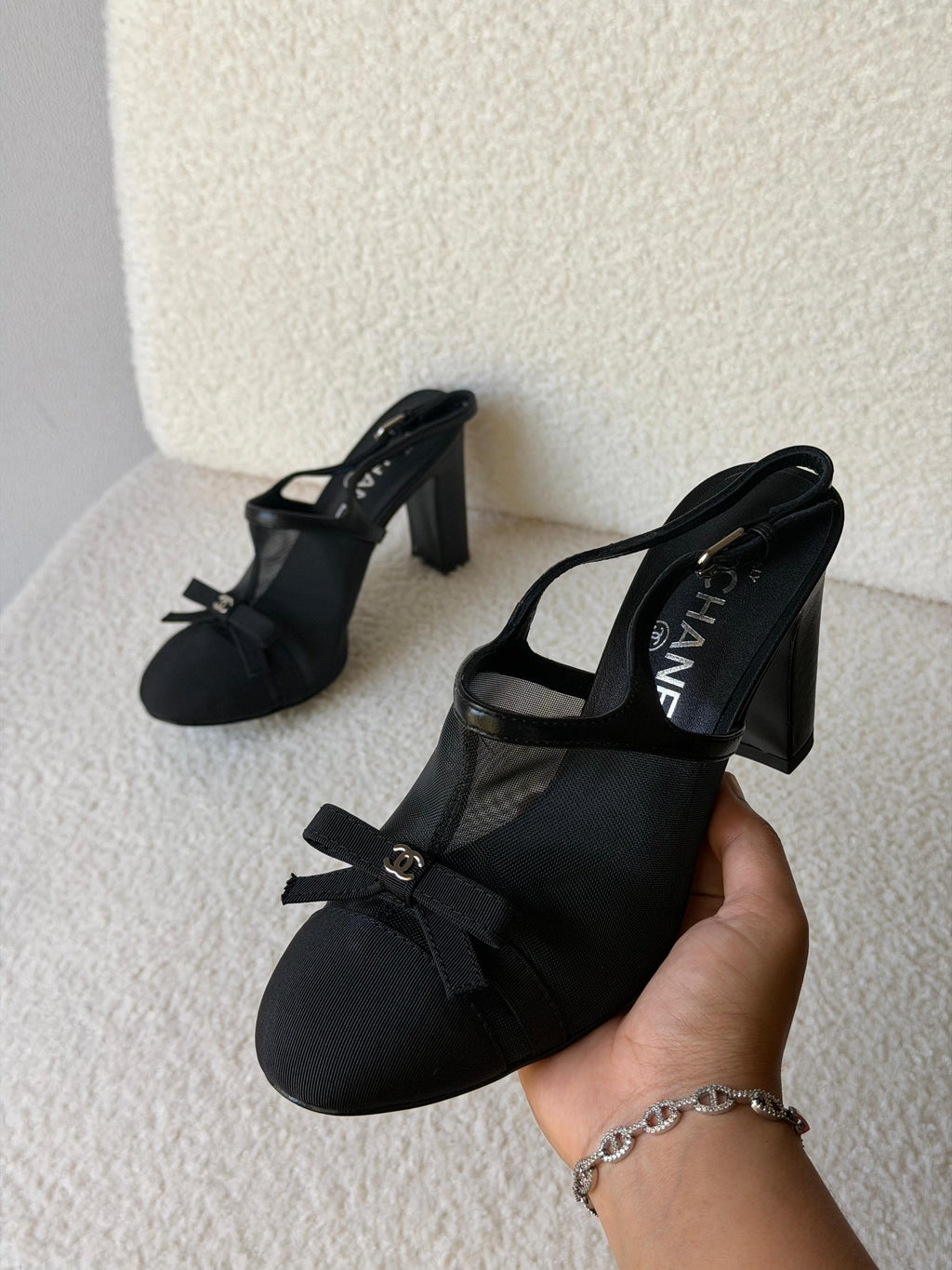 Chanel Heeled Slingbacks in Mesh and Grosgrain - 6