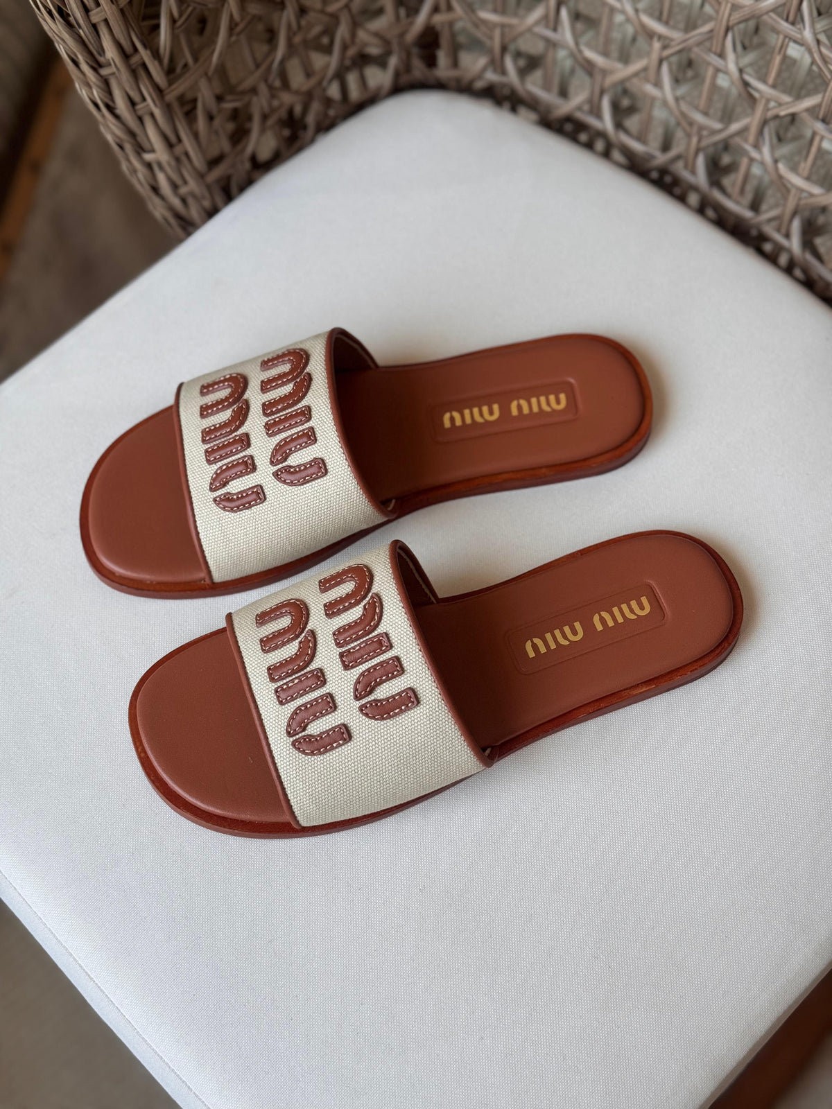 Miu Miu Canvas and leather slide sandals - 12