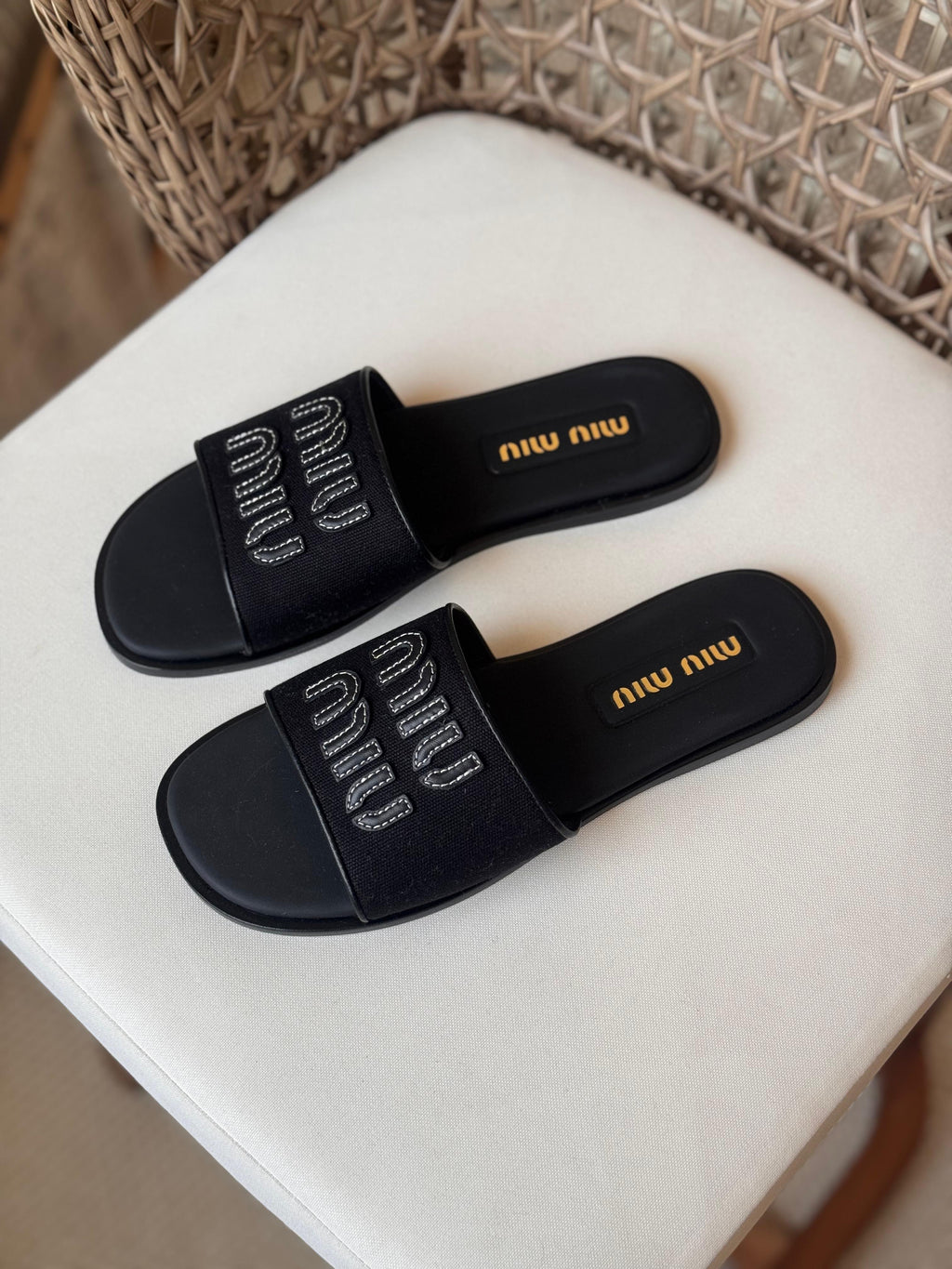 Miu Miu Canvas and leather slide sandals - 10