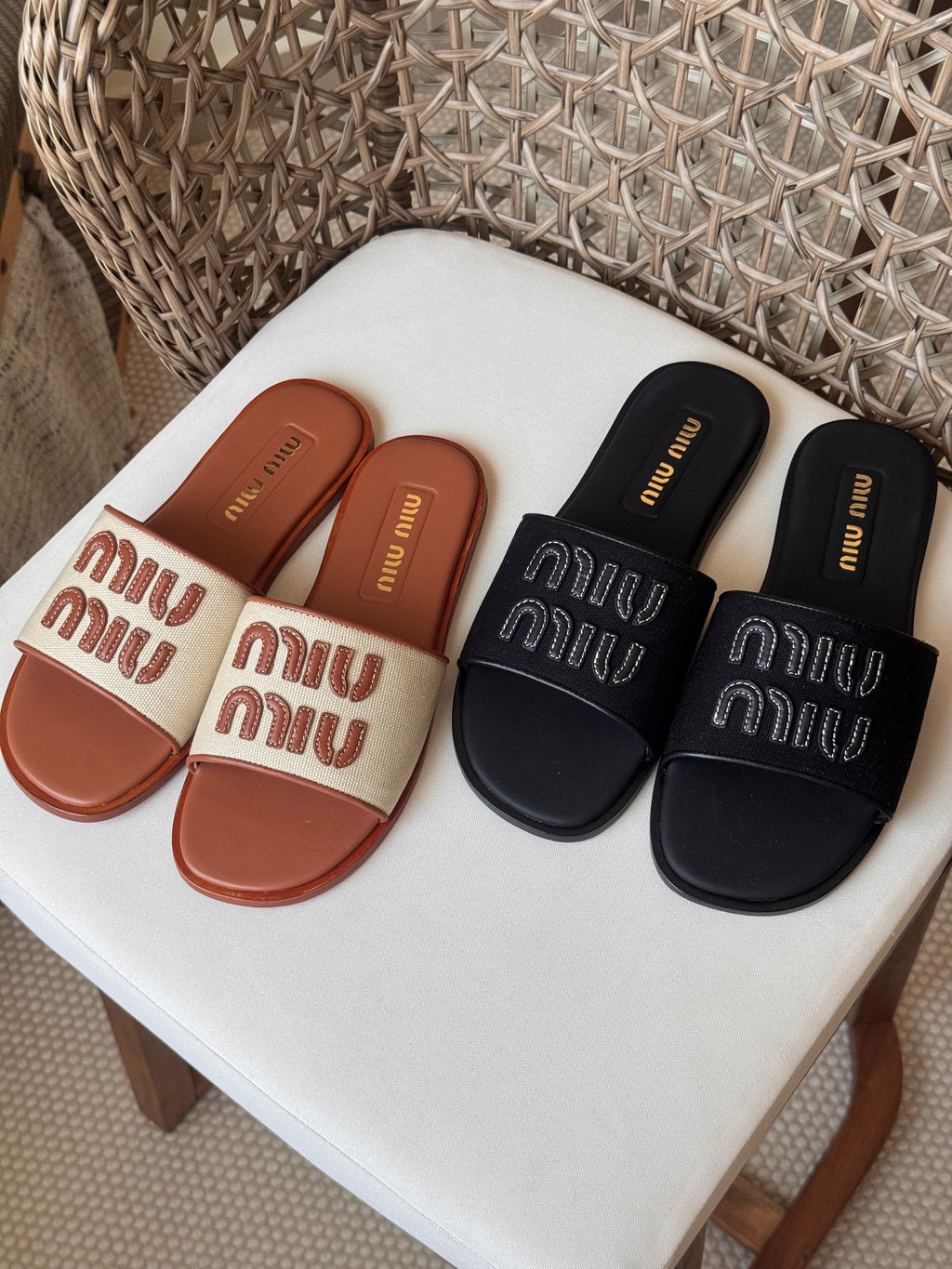 Miu Miu Canvas and leather slide sandals - 7