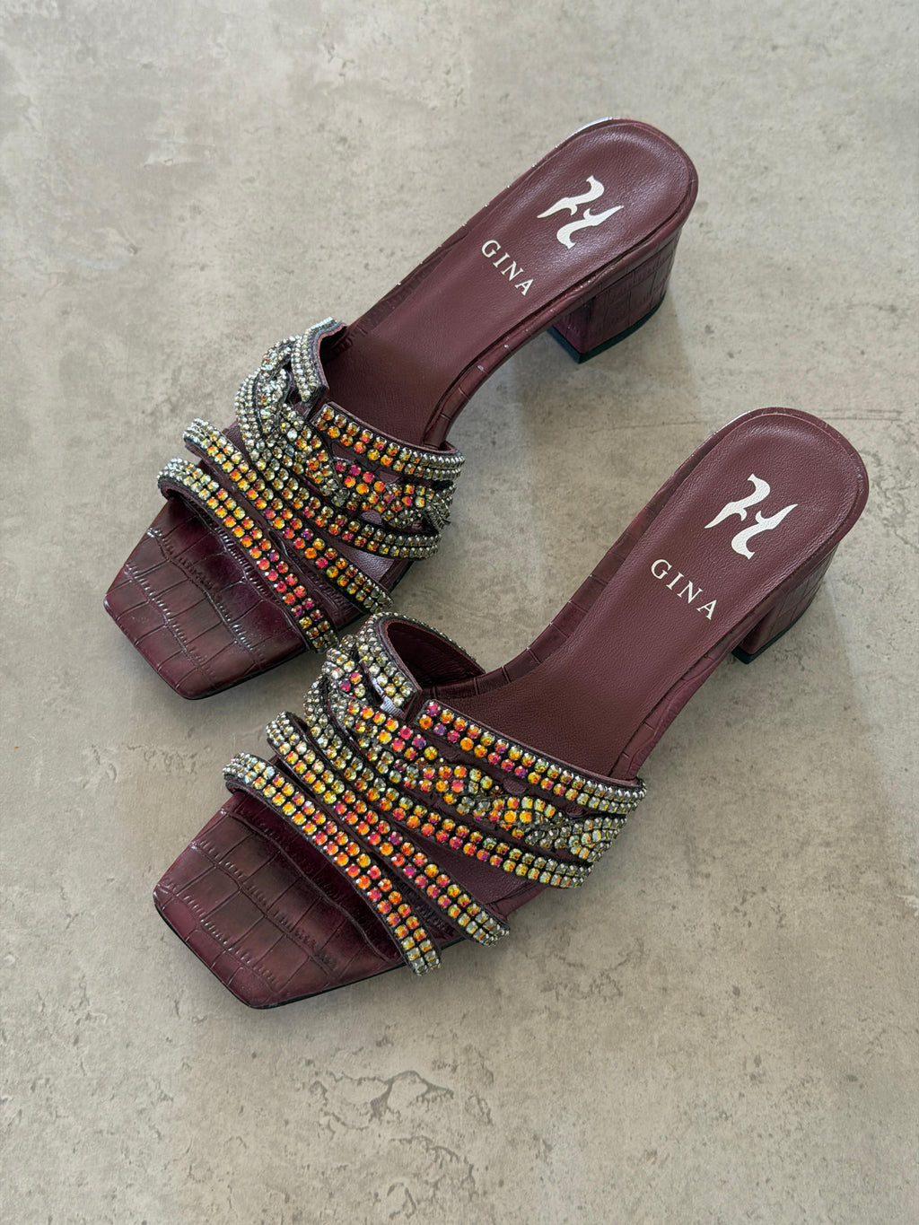 Gina Burgundy Leather Twyla Heeled Mules 50