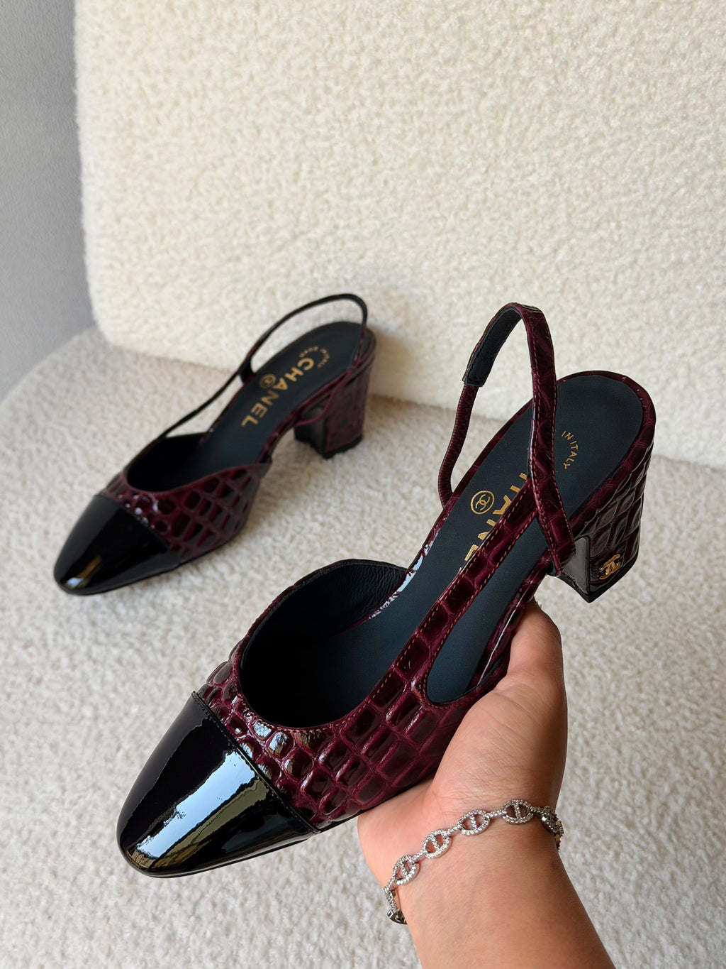 Chanel Patent Calfskin Crocodile Embossed Slingbacks - 6