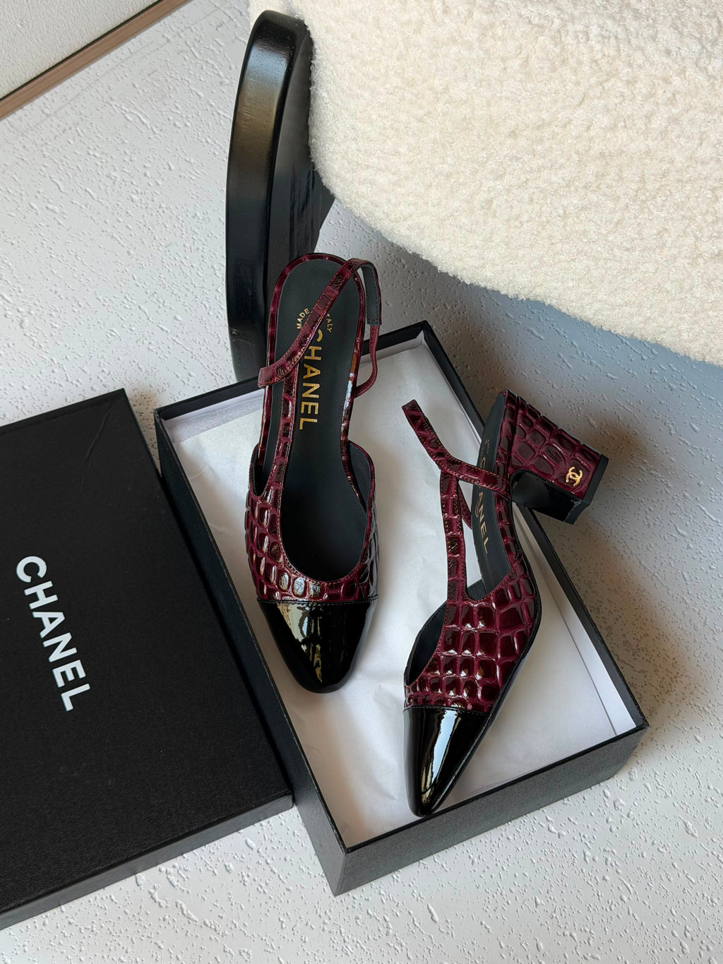 Chanel Patent Calfskin Crocodile Embossed Slingbacks - 7