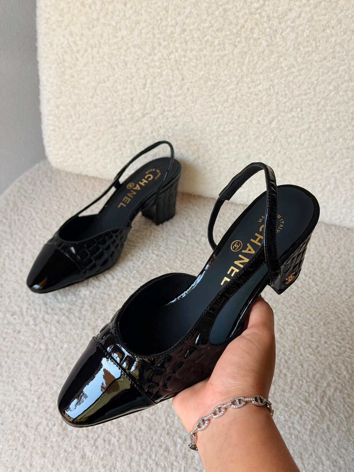 Chanel Patent Calfskin Crocodile Embossed Slingbacks - 8