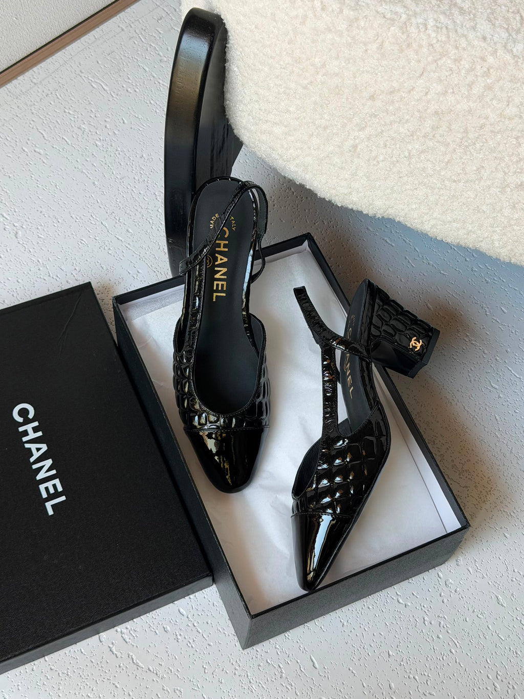 Chanel Patent Calfskin Crocodile Embossed Slingbacks - 10