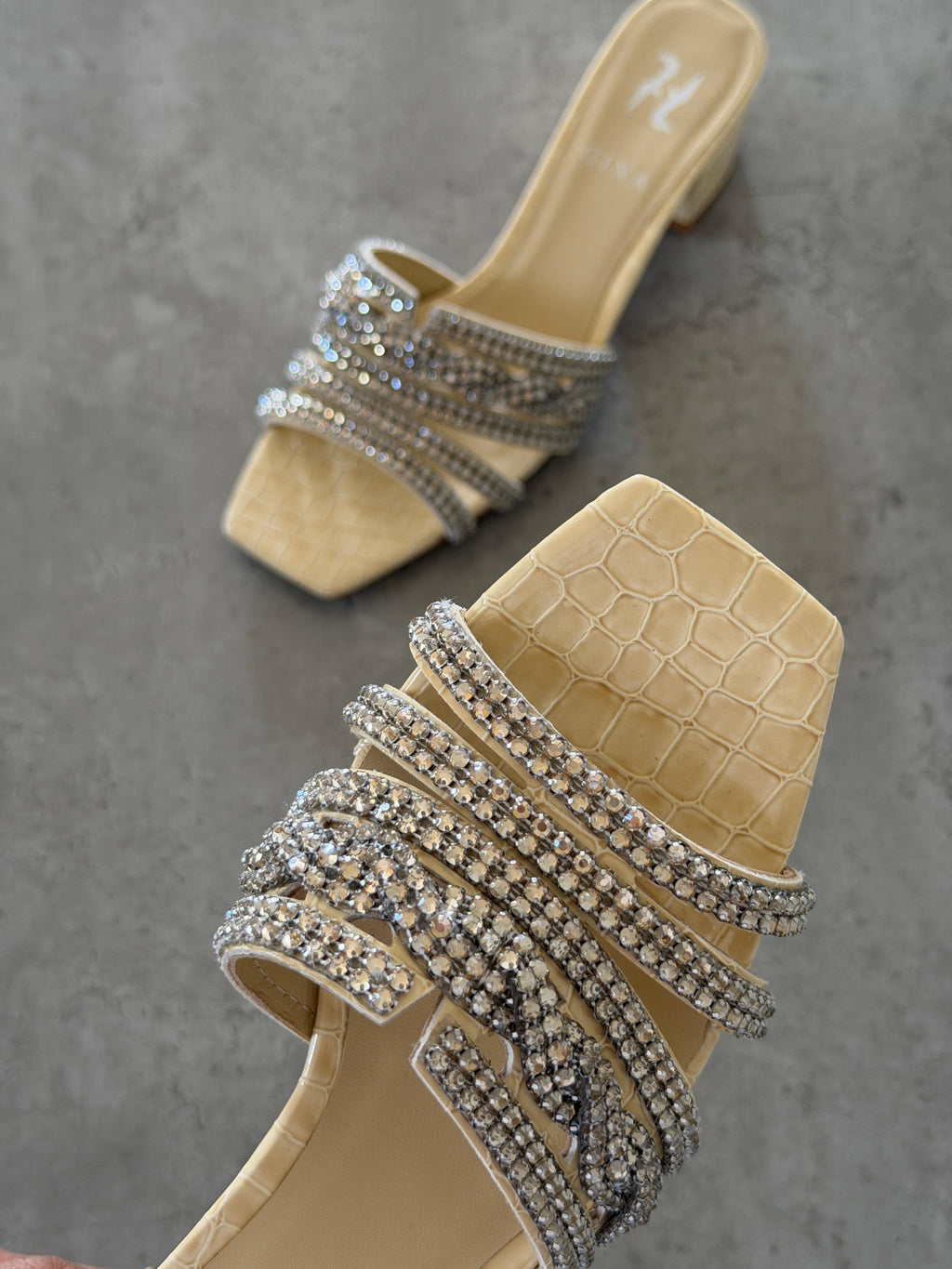 Gina Beige Croc Embossed Patent Sandals - 7
