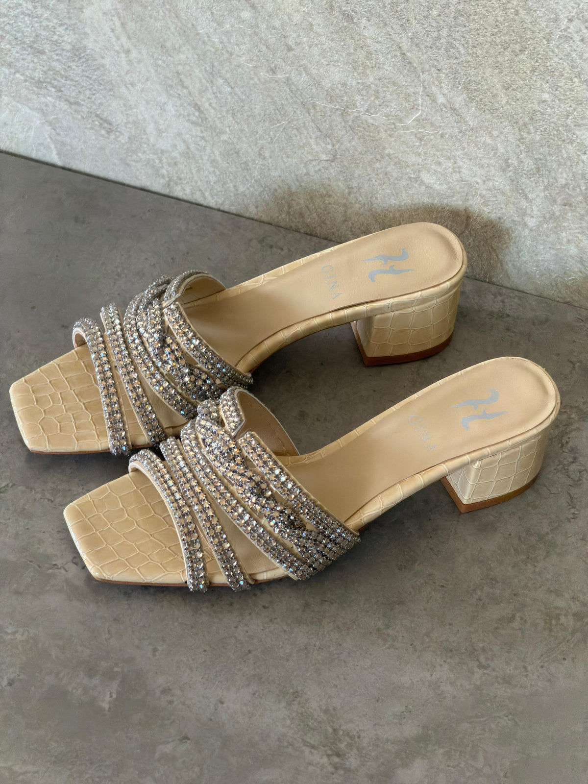 Gina Beige Croc Embossed Patent Sandals - 6
