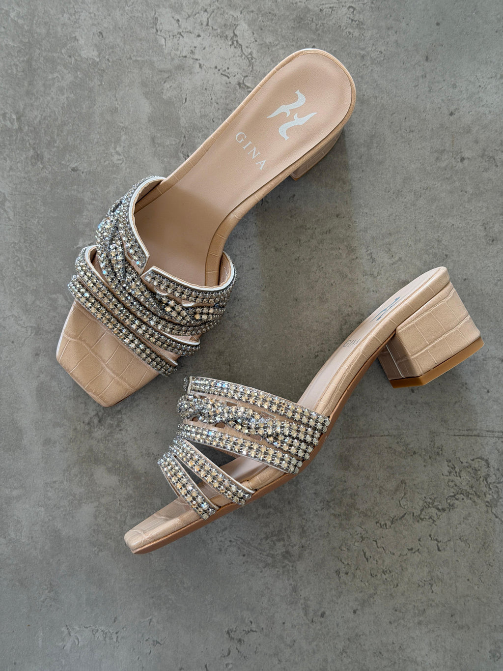 Gina Beige Croc Embossed Patent Sandals