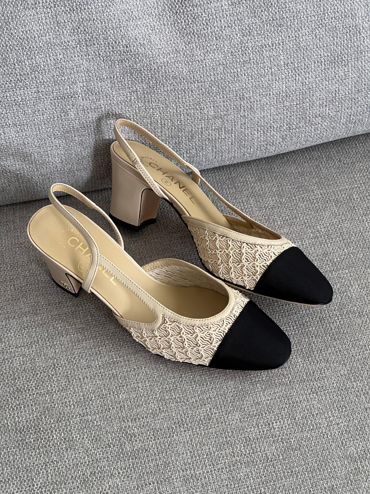 Chanel Interlocking CC Logo Lace Slingback Pumps
