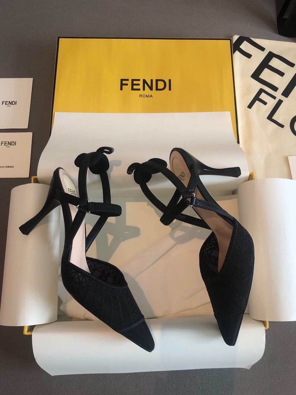 Fendi Fendi Black Lace and Leather Colibri Lite Slingback Pumps - 2