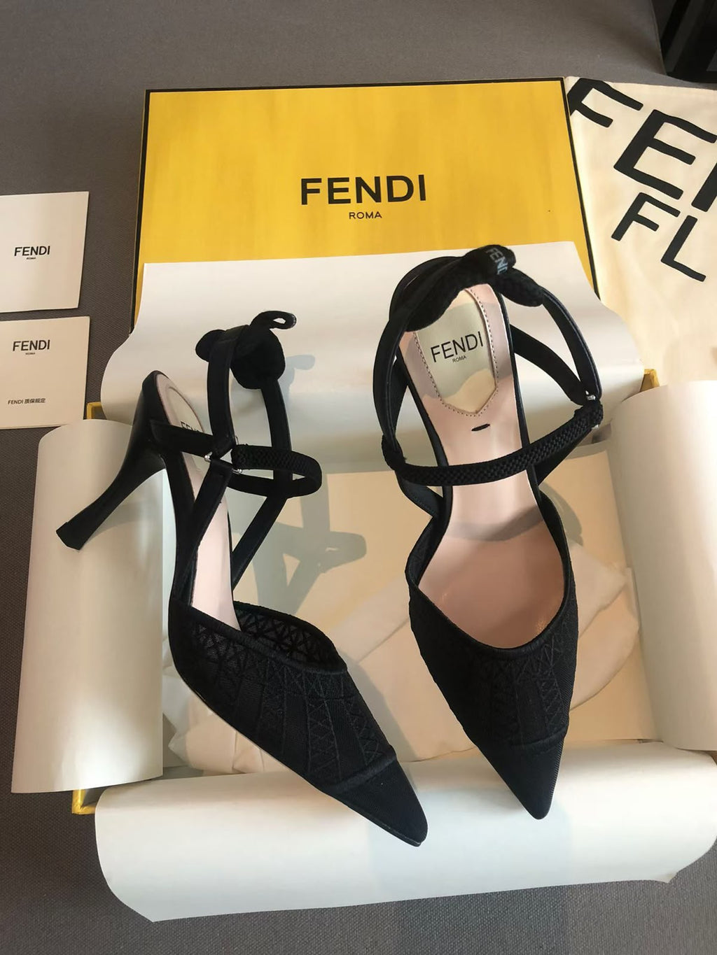 Fendi Fendi Black Lace and Leather Colibri Lite Slingback Pumps
