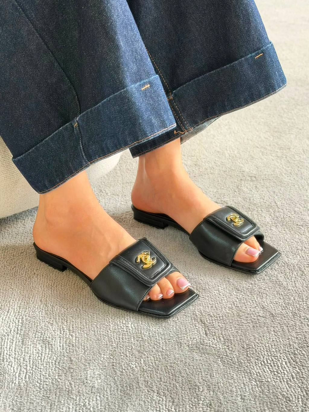 Chanel Double C Buckle Square Toe Turnlock Slipper - 8