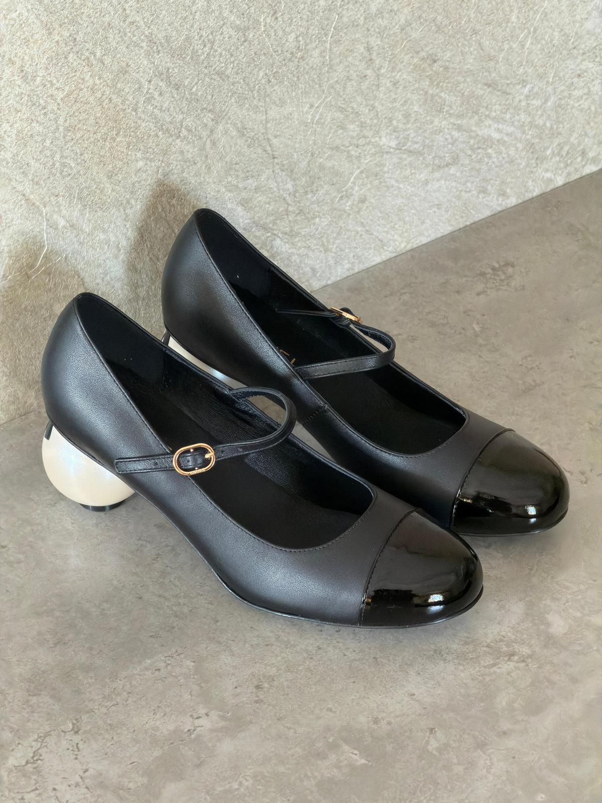 Chanel Mary Janes Lambskin, Patent Calfskin & Imitation Pearls
