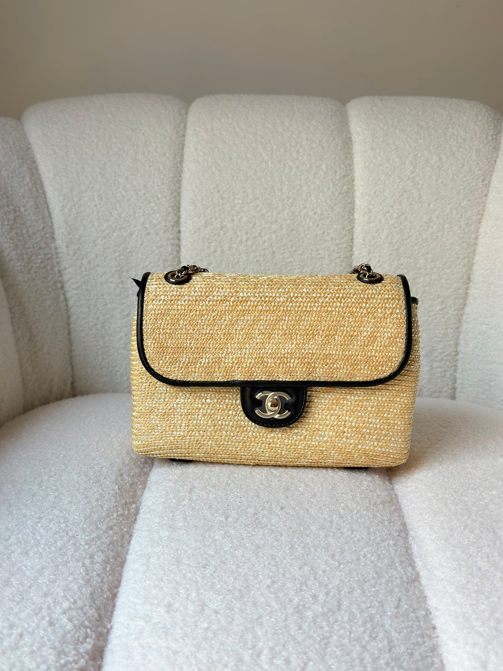 Chanel Flap Bag in Beige Braided Raffia and Black Lambskin (23 Cm) - 3