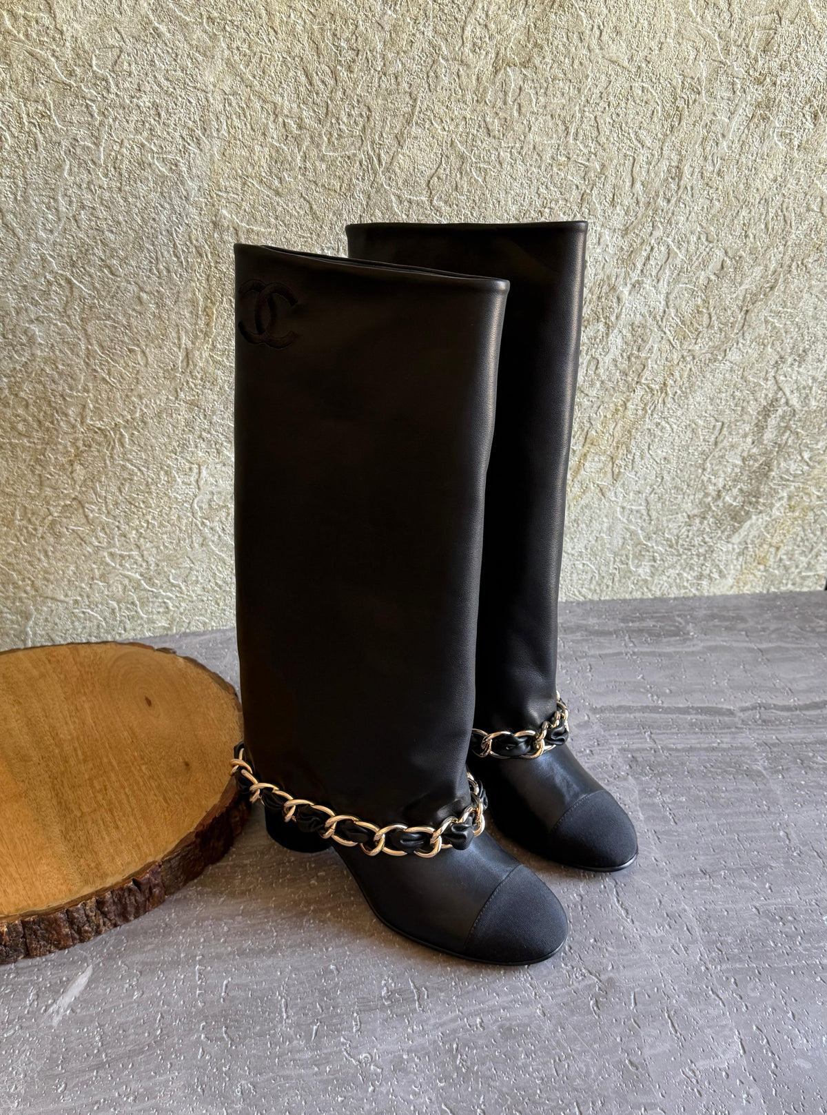 Chanel Lambskin and Grosgrain Chain Knee-High Boot