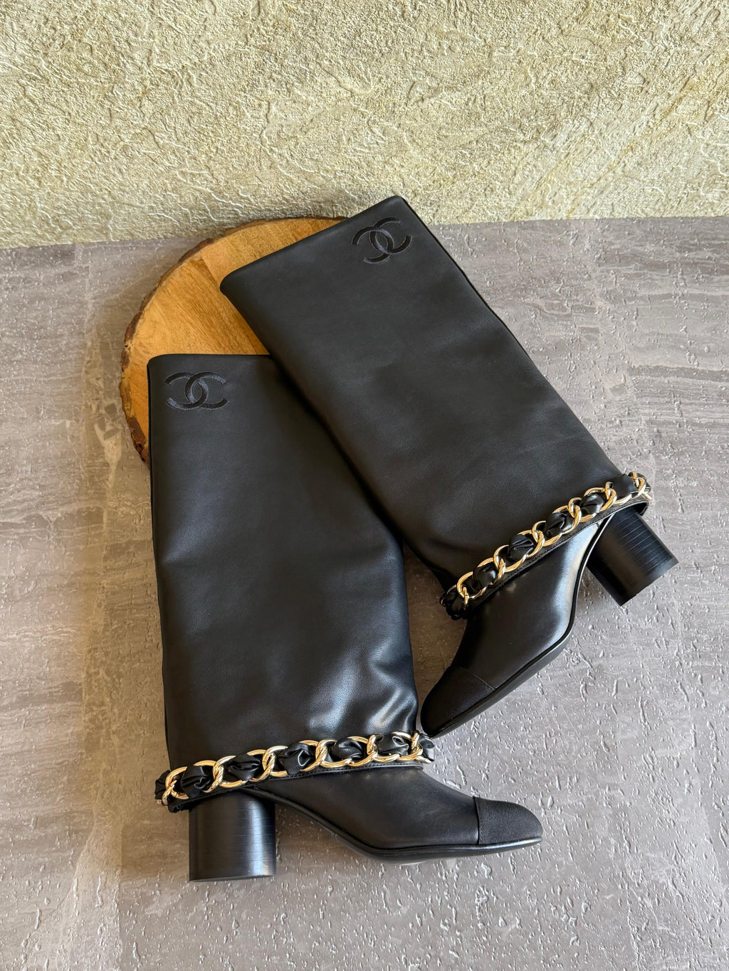 Chanel Lambskin and Grosgrain Chain Knee-High Boot