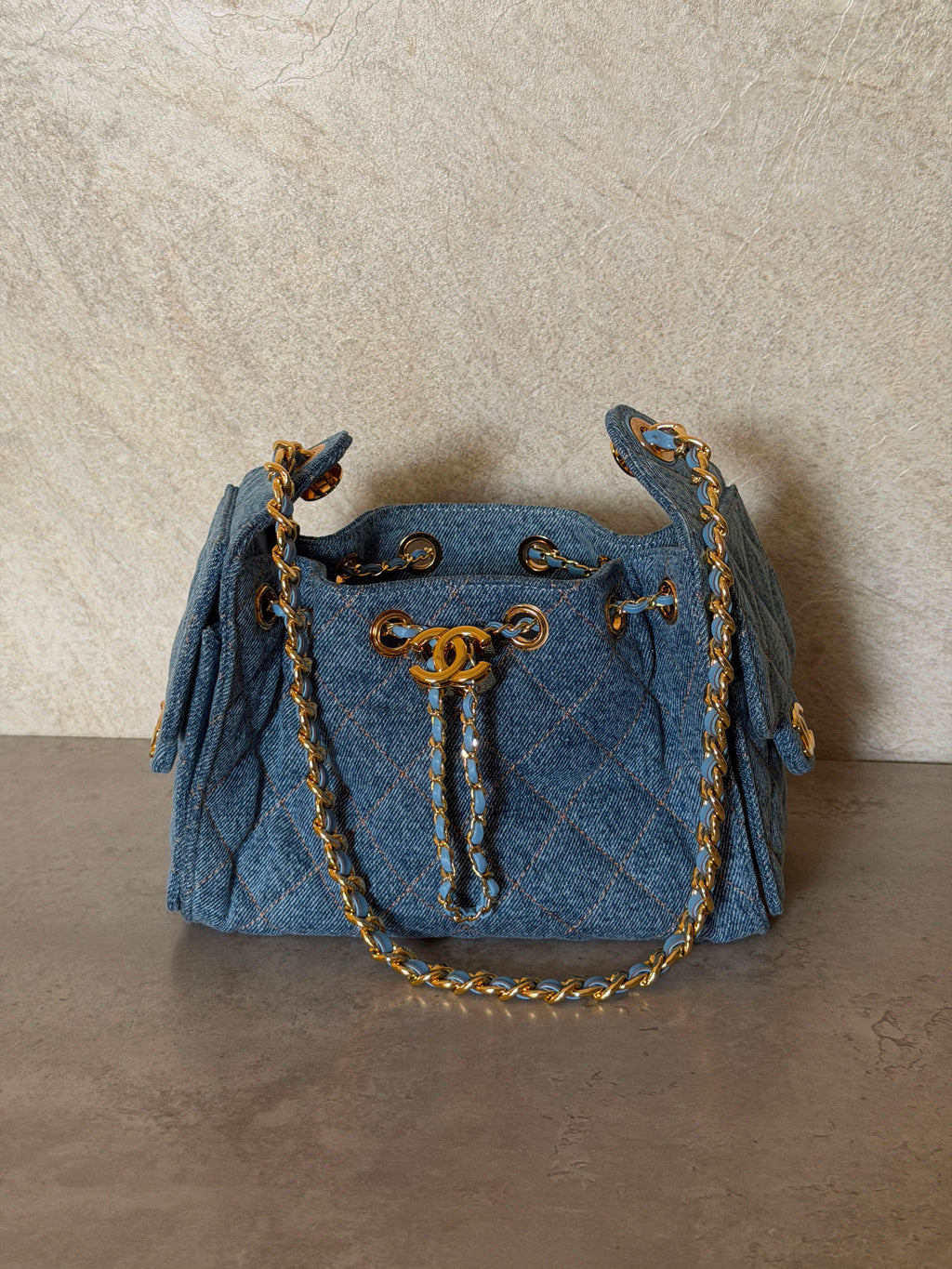 Chanel 25 Mini Handbag in Washed Denim & Gold Tone Metal