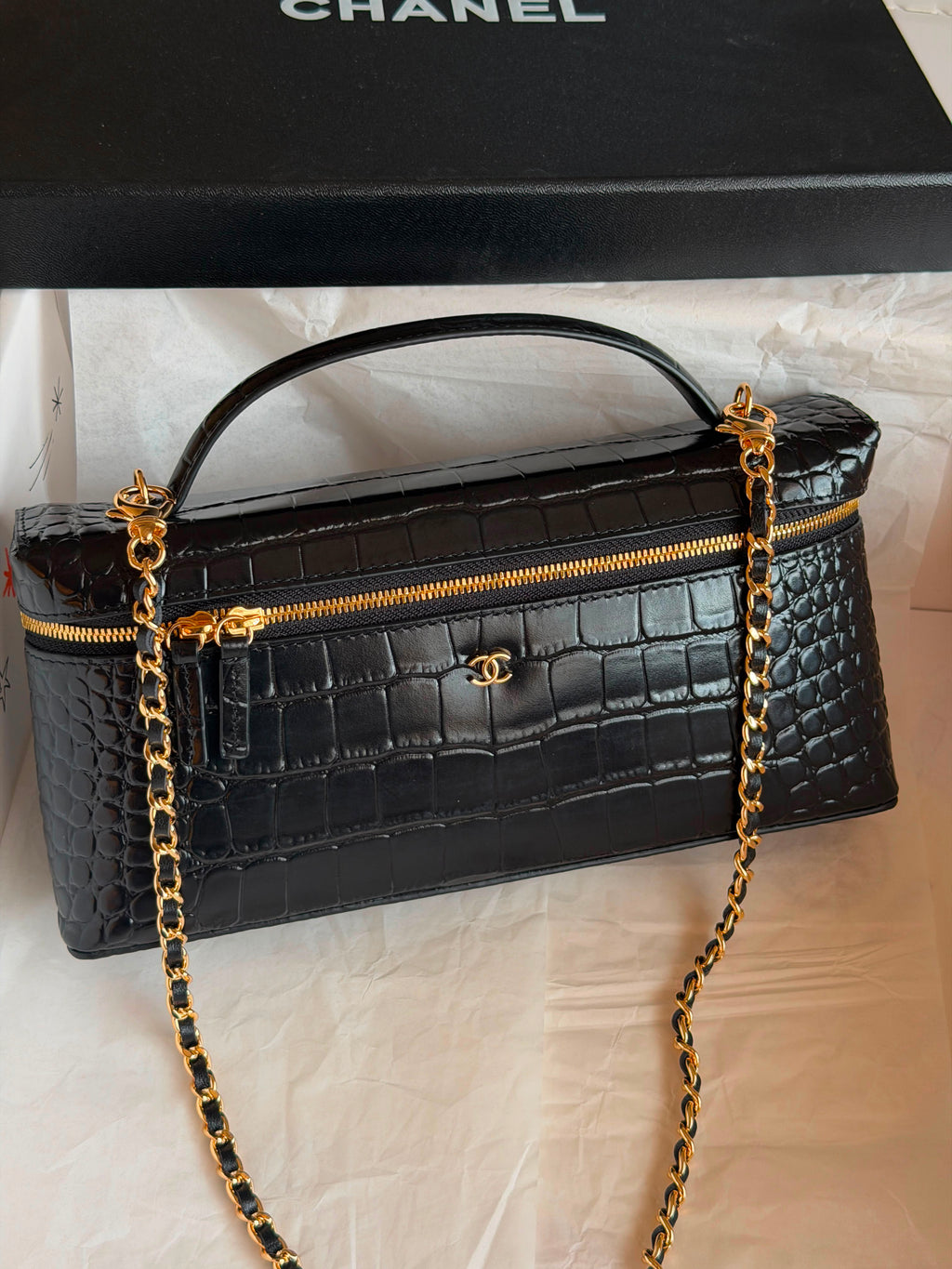 Chanel Crocodile Embossed Calfskin Slim Top Handle Vanity Case with Chain - 6