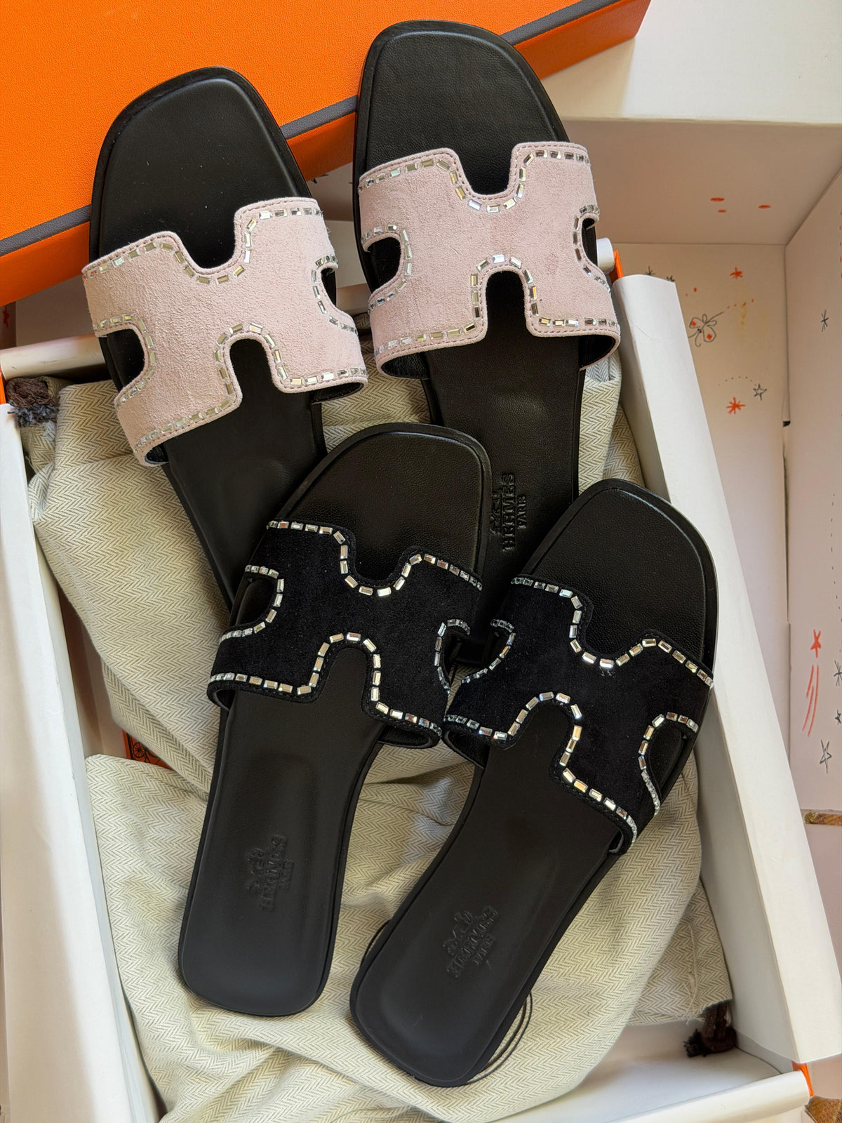 Hermes Suede Goatskin Embellished Oran Sandals