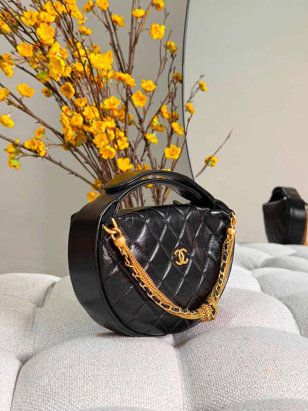 Chanel Double Chain Bow Pouch Quilted Caviar Mini Hobo Bag - 2