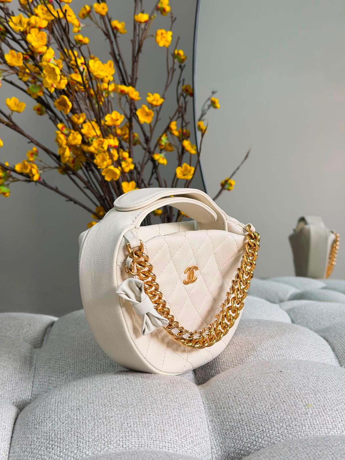 Chanel Double Chain Bow Pouch Quilted Caviar Mini Hobo Bag - 3
