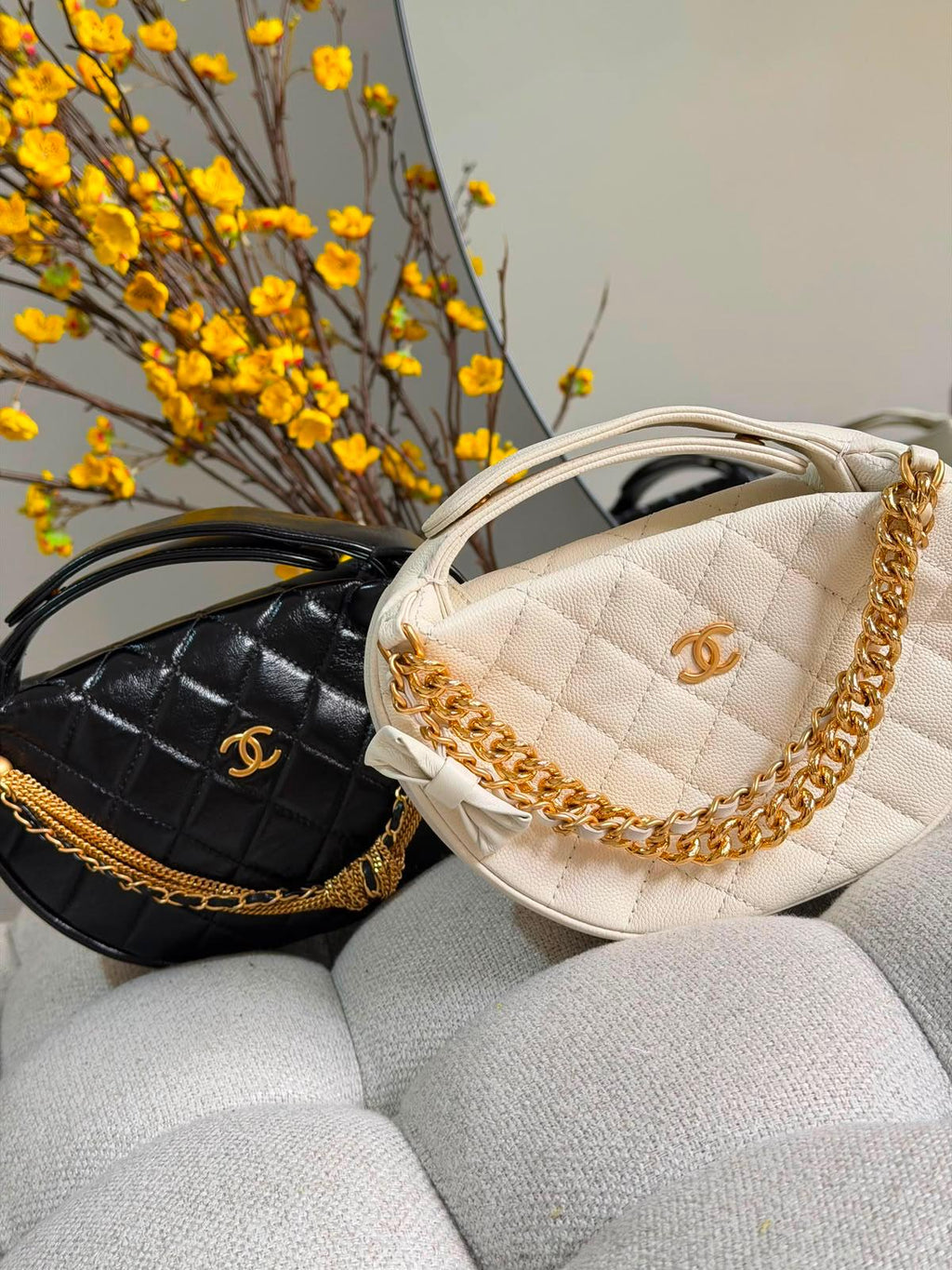 Chanel Double Chain Bow Pouch Quilted Caviar Mini Hobo Bag