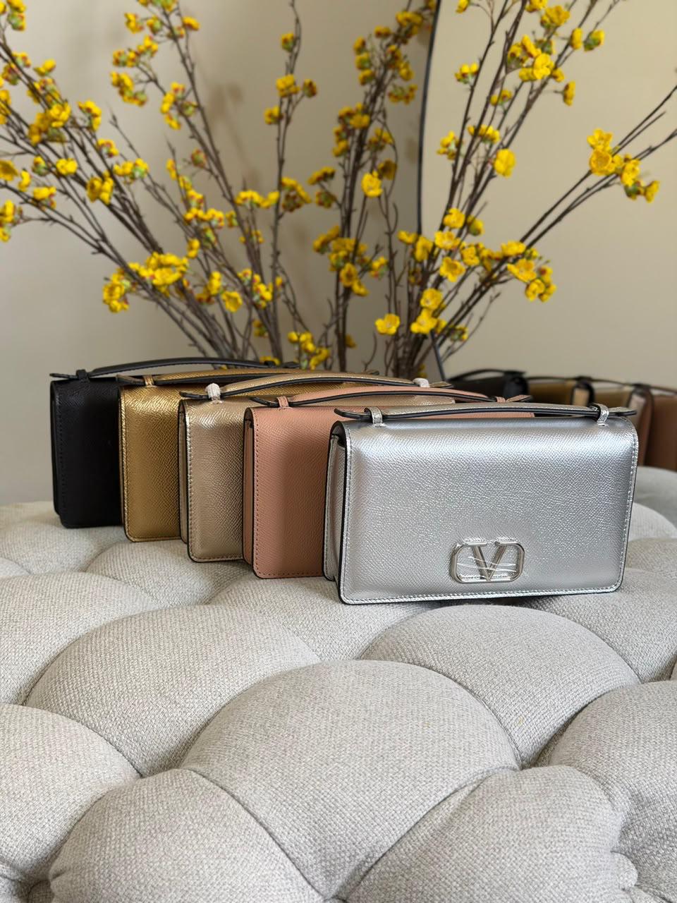 Valentino Garavani VLogo Signature Metallic Grainy Calfskin Wallet with Chain