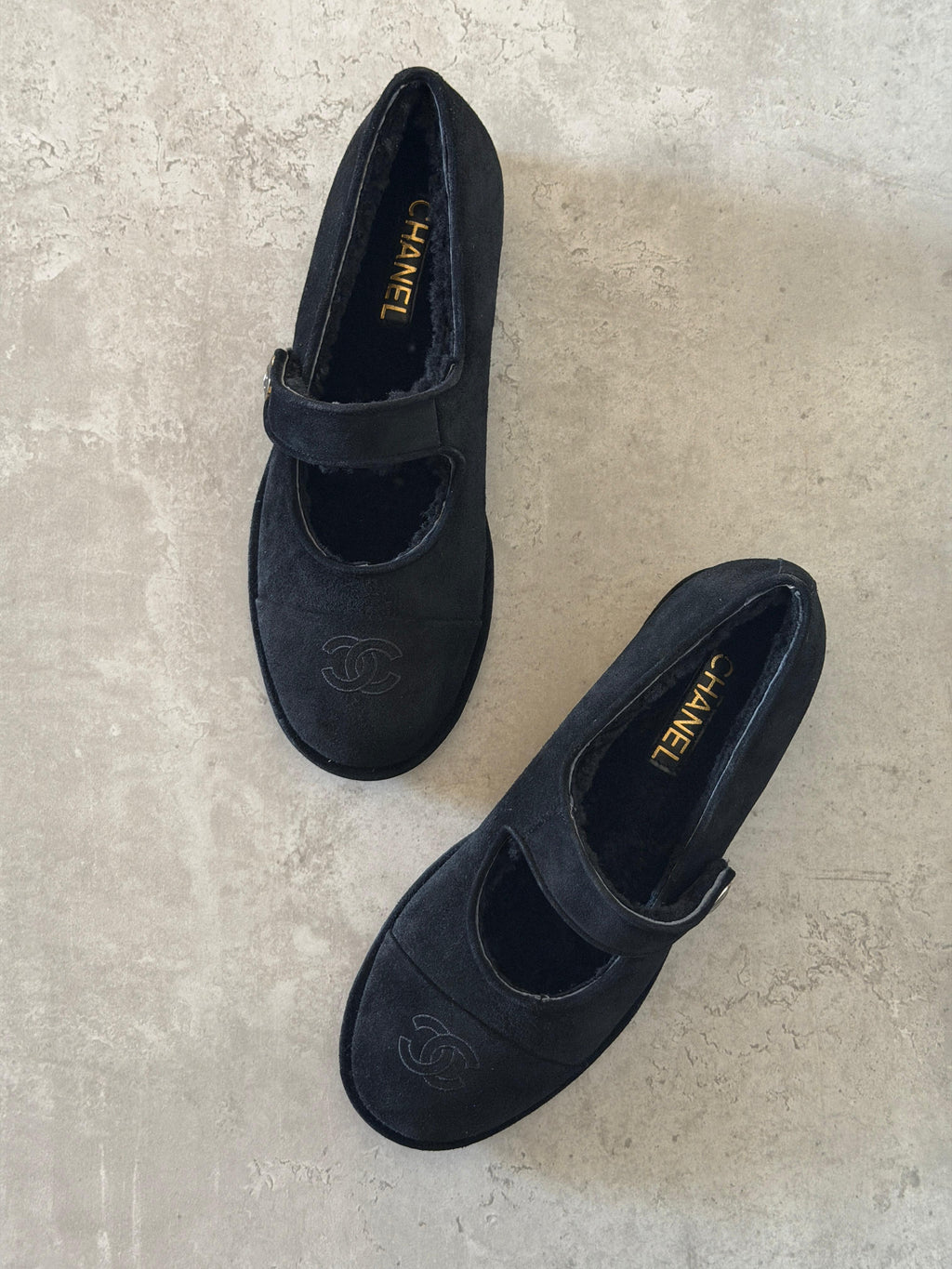 Chanel Suede Shearling Mary Jane Flats - 10