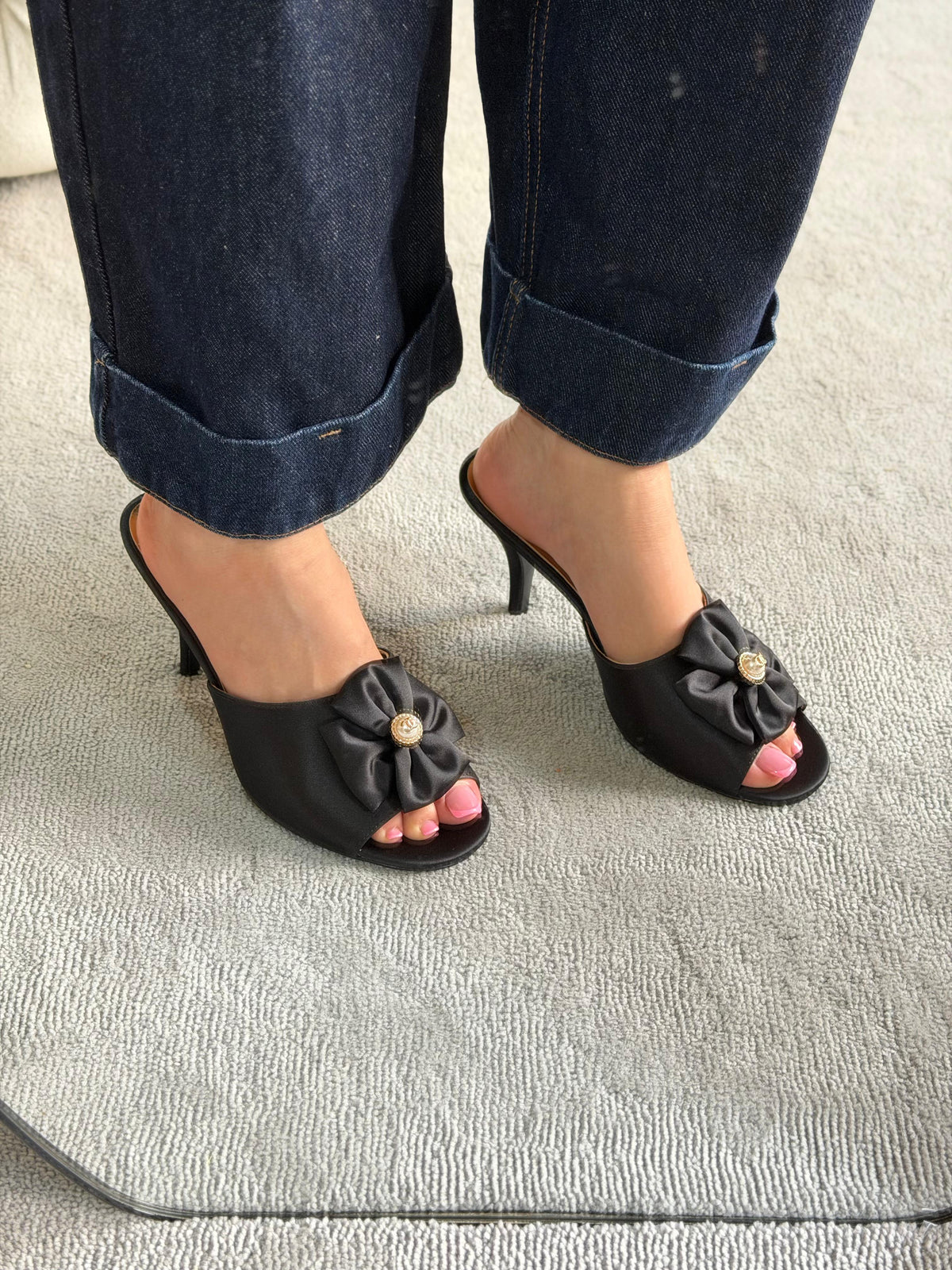 Chanel Satin Pearl Bow Mules - 4
