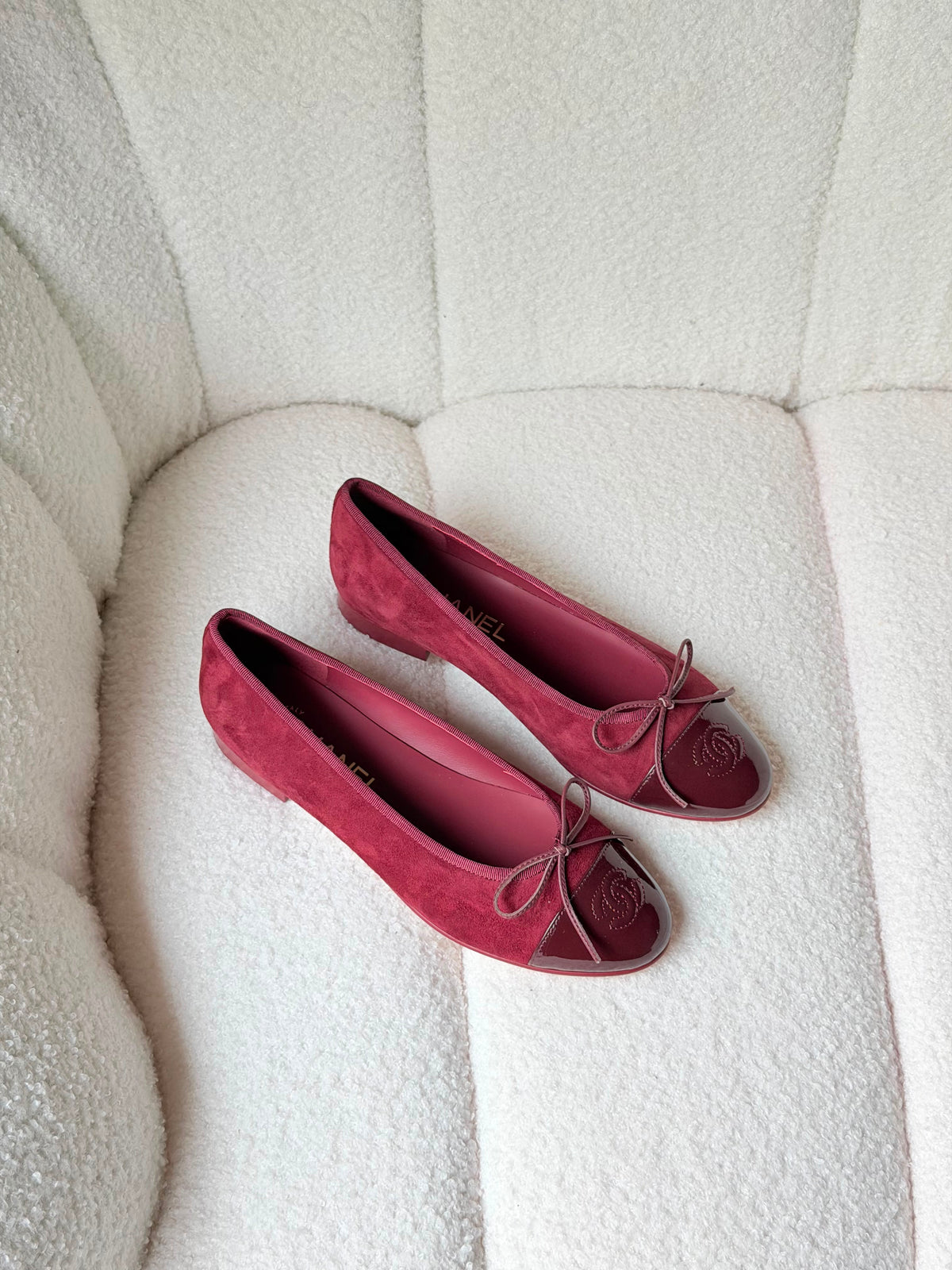 Chanel Burgundy Velvet and Leather CC Ballet Flats