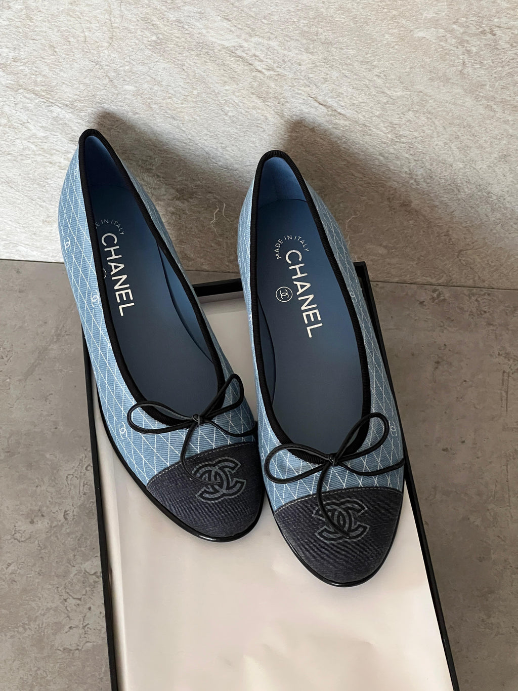 Chanel Denim Printed Quilt CC Cap Toe Ballerina Flat