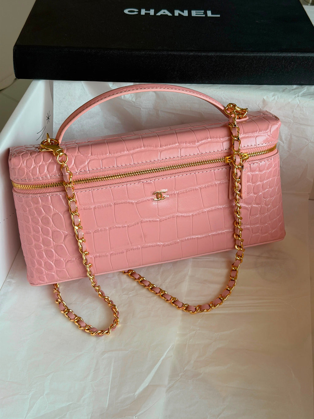 Chanel Crocodile Embossed Calfskin Slim Top Handle Vanity Case with Chain