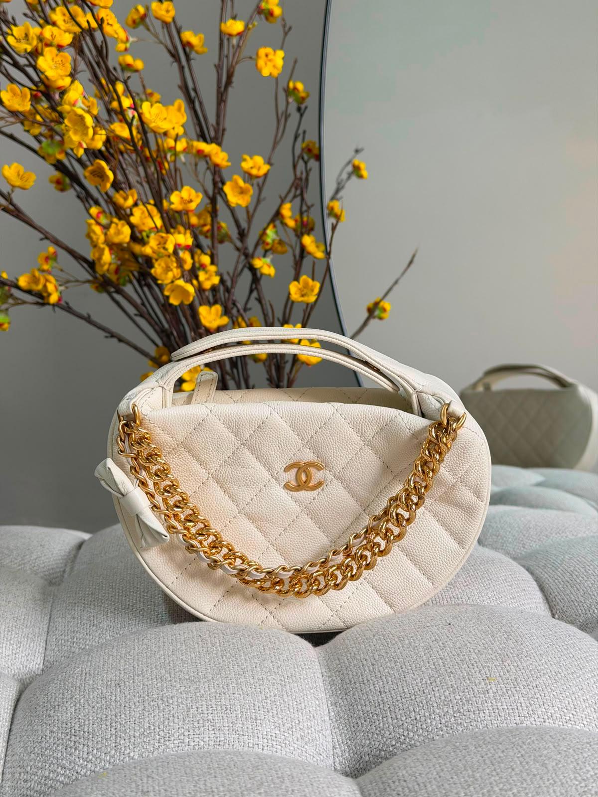 Chanel Double Chain Bow Pouch Quilted Caviar Mini Hobo Bag - 4