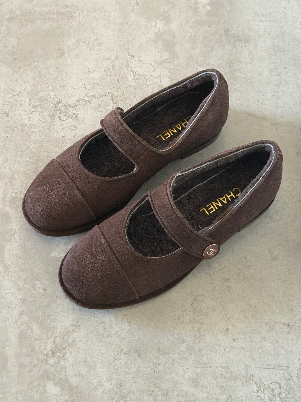 Chanel Suede Shearling Mary Jane Flats
